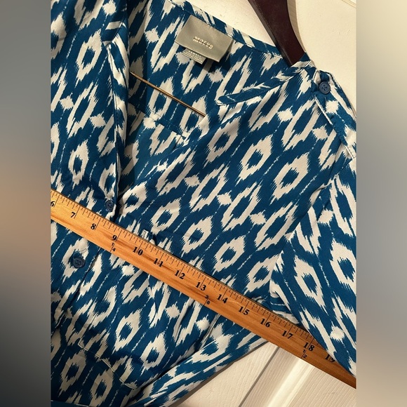MAEVE Anthropologie Blue XS 3/4 Roll Tab Sleeve Ikat HiLo Belt V Neck Shirtdress - Picture 13 of 16